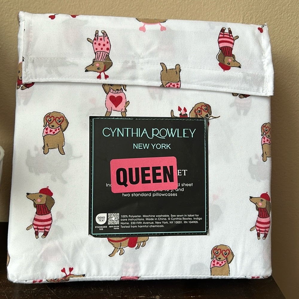 Cynthia Rowley Queen Sheet Set Valentines Dogs New